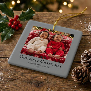 Twins First Christmas baby photo Grey Ceramic Ornament
