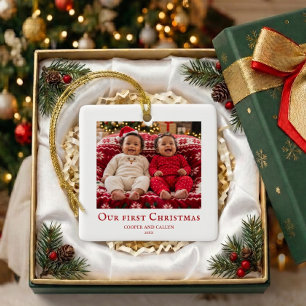 Twins First Christmas baby photo Red and White Ceramic Ornament