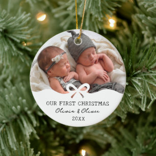 Twins First Christmas Bow Custom Photo Ceramic Tree Decoration