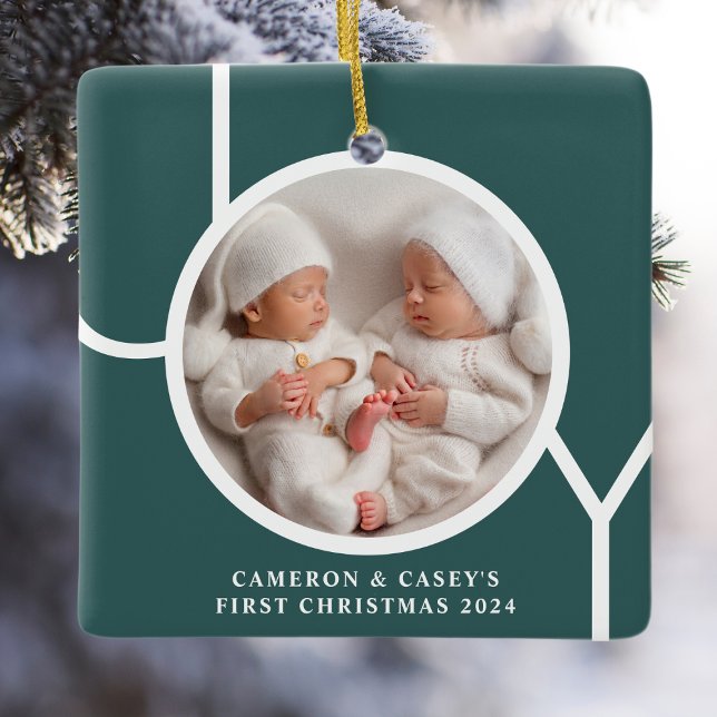 Twin's First Christmas Custom Photo Green  Ceramic Ornament (Creator Uploaded)