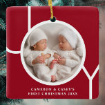 Twin's First Christmas Custom Photo Red  Ceramic Ornament<br><div class="desc">This twin's cute keepsake Christmas photo ornament is decorated with the word JOY in white typography on a red background.
Easily customisable with your photo,  name,  and year.</div>