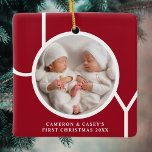 Twin's First Christmas Custom Photo Red  Ceramic Ornament<br><div class="desc">This twin's cute keepsake Christmas photo ornament is decorated with the word JOY in white typography on a red background.
Easily customisable with your photo,  name,  and year.</div>
