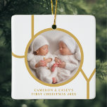 Twins First Christmas Photo Ceramic Ornament<br><div class="desc">This twin's cute keepsake Christmas photo ornament is decorated with the word JOY in gold typography on a white background.
Easily customisable with your photo,  name,  and year.</div>