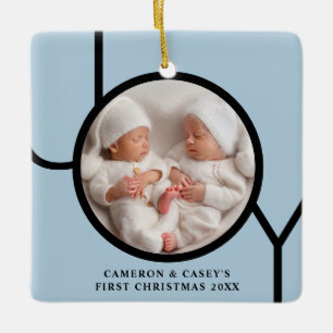Twin's First Christmas Photo Joy Black Blue Ceramic Ornament