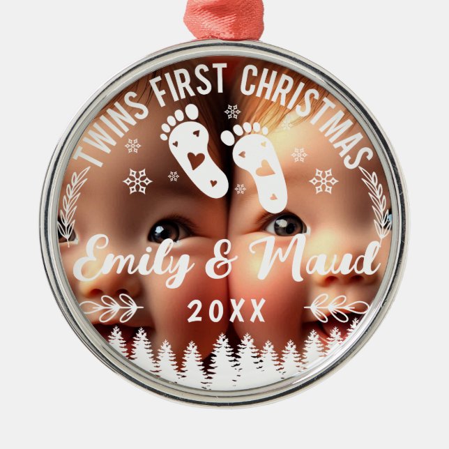 Twins First Christmas Photo Metal Tree Decoration (Front)