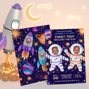 Twins First Trip Around the Sun Astronaut Photo  Invitation