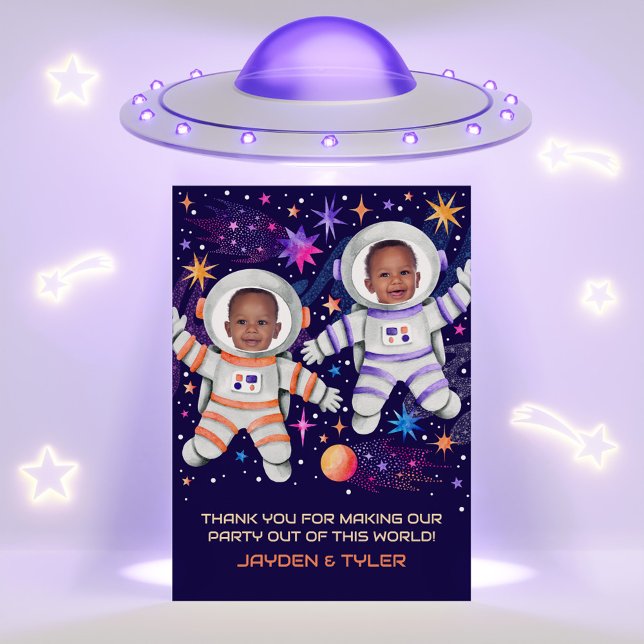 Twins First Trip Around the Sun Astronaut Photo Thank You Card (Twins First Trip Around the Sun Astronaut Photo Thank You Card)