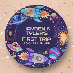 Twins First Trip Around the Sun Rocket Outer Space Paper Plate