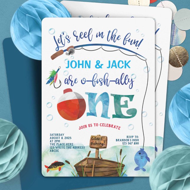 Twins Fishing themed boys 1st birthday O-fish-ally Invitation (Fishing themed, Twin boy 1st birthday invitations, O-fish-ally, gone fishing birthday invites.)
