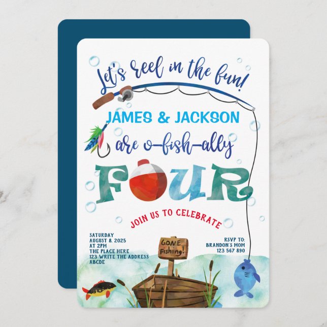Twins Fishing themed boys 4th o-fish-ally birthday Invitation (Front/Back)