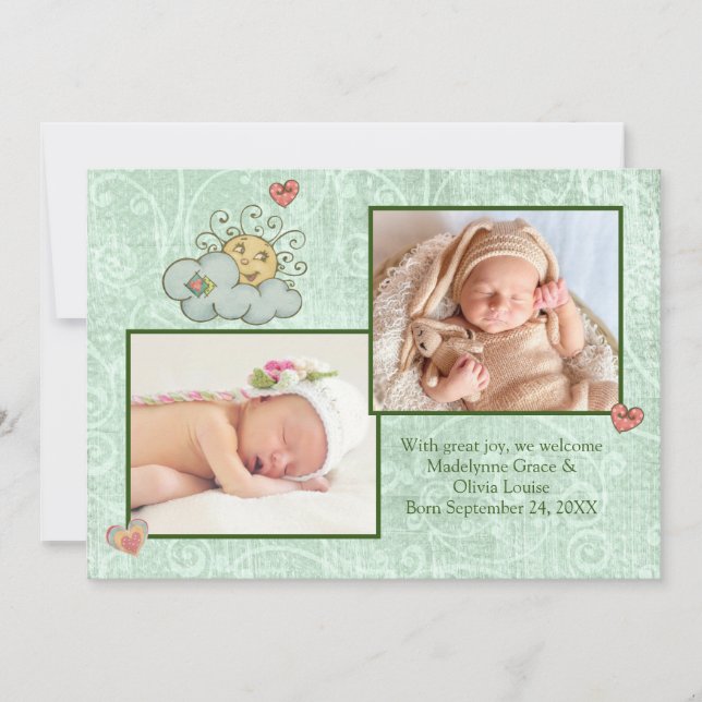 Twins Folk Art Green Announcement (Front)