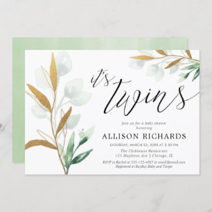 Twins gender neutral greenery gold baby shower invitation