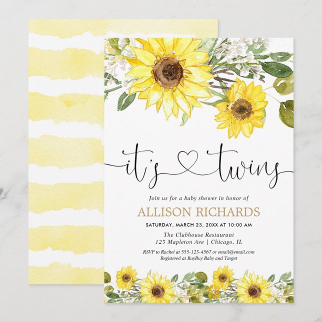 Twins gender neutral yellow sunflowers baby shower invitation (Front/Back)