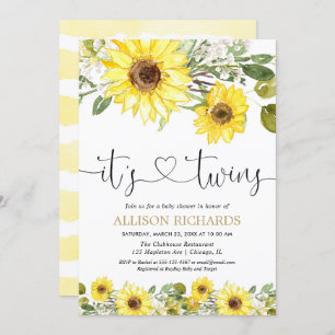 Twins gender neutral yellow sunflowers baby shower invitation