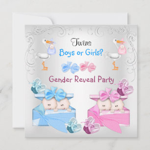 Twins Gender Reveal Party Boys Girls Blue Pink Invitation