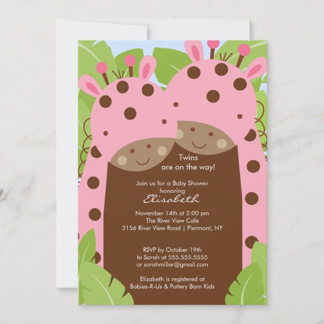 Twins Giraffe Baby Shower Invitation Pink Girls (Front)