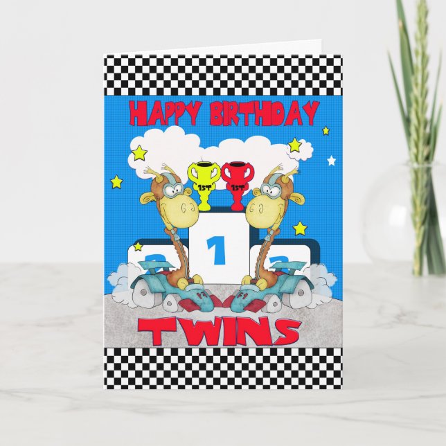 Twins Giraffe Birthday Card - Racing Giraffe (Front)