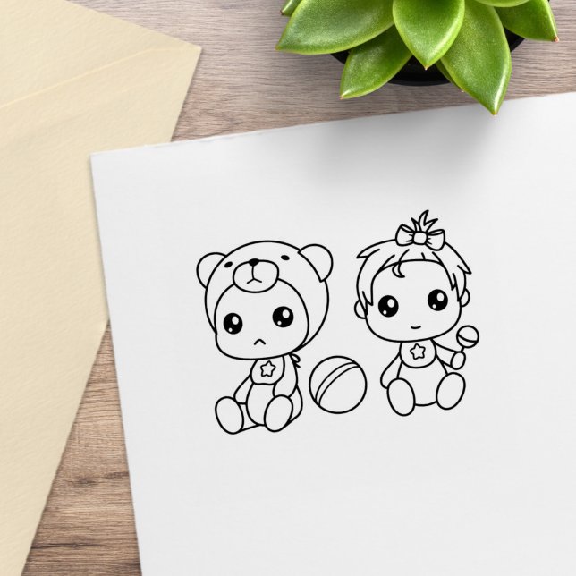 Twins Girl Bear Baby Jumpsuit Colour Me Rubber Stamp (Creator Uploaded)