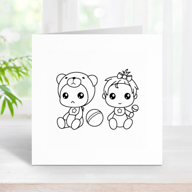 Twins Girl Bear Baby Jumpsuit Colour Me Rubber Stamp (Creator Uploaded)