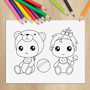 Twins Girl Bear Baby Jumpsuit Colouring Page Rubber Stamp