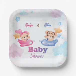 Twins Girl Boy Bear Aeroplane Baby Shower Paper Plate