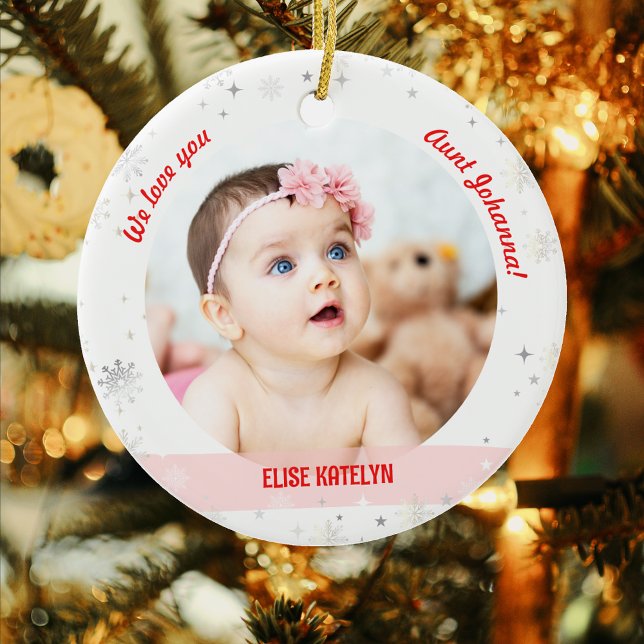 Twins Girl Boy Photos Aunt First Christmas Baby Ceramic Tree Decoration (Modern Cute Elegant We love you, Aunt! First Christmas Twin Baby Girl and Boy. 2 Photos. Snowflakes)