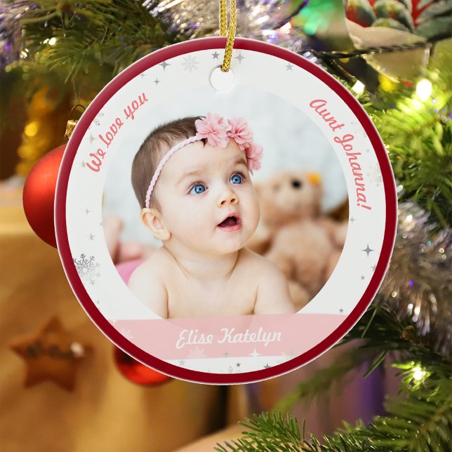 Twins Girl Boy Photos Aunt First Christmas Baby Ceramic Tree Decoration (Modern Elegant Cute First Christmas Baby Twins Girl Boy We love you Aunt Snowflakes Stars Red Frame)