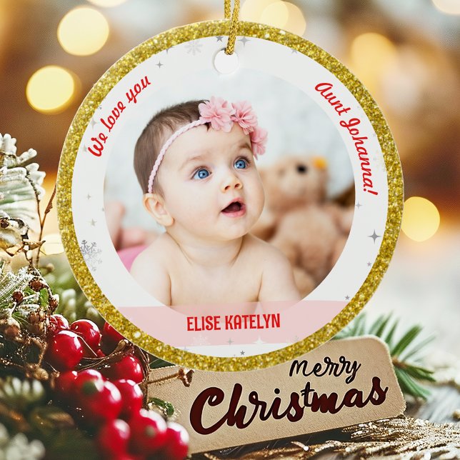 Twins Girl Boy Photos Aunt First Christmas Baby Ceramic Tree Decoration (Modern Elegant Cute We love you, Aunt First Christmas Twins Girl Boy 2 Photos Golden Faux Glitter)