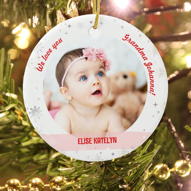 Twins Girl Boy Photos Grandma First Christmas Baby Ceramic Tree Decoration (Modern Cute We love you, Grandma! First Christmas Twin Baby Girl and Boy. 2 Photos. Snowflakes)