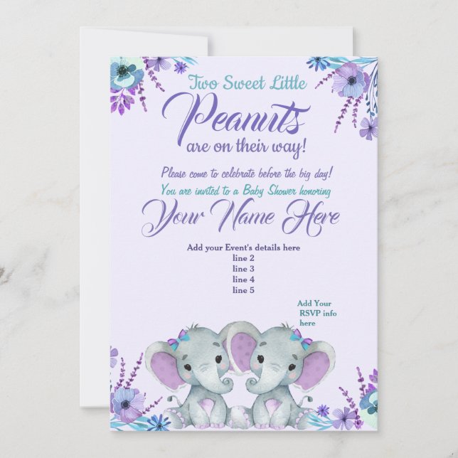 Twins Girl Elephants Baby Shower Invitation Floral (Front)