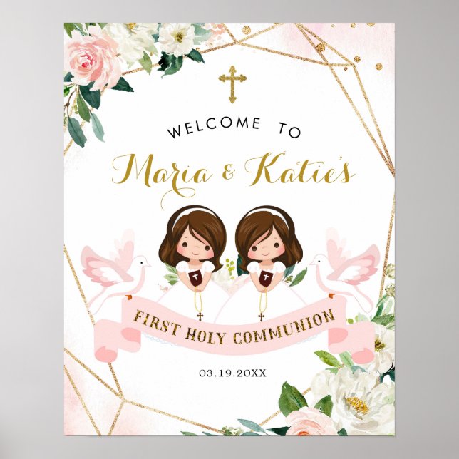 Twins Girl Pink Floral Holy Communion Welcome Sign (Front)