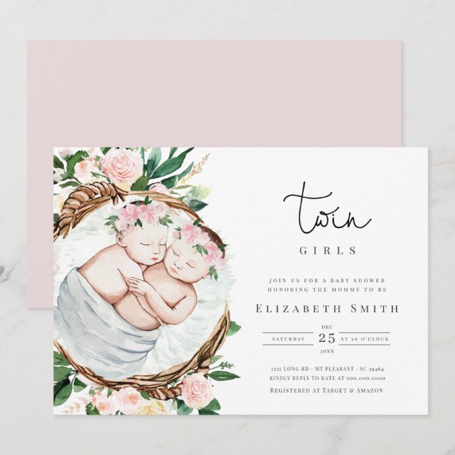Twins Girl Pink Florals Watercolor Baby Shower Invitation (Front/Back)