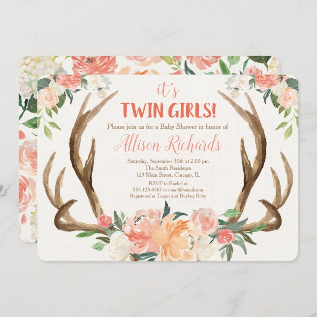Twins girls baby shower invitation deer antlers (Front/Back)