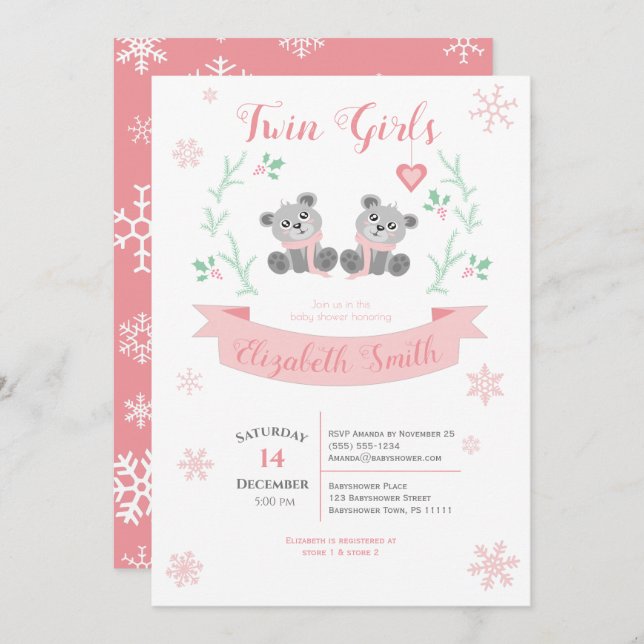 Twins Girls Cute bear winter babyshower Invitation (Front/Back)