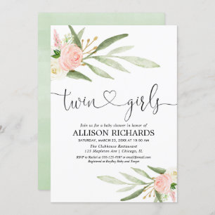 Twins girls, greenery gold pink floral baby shower invitation