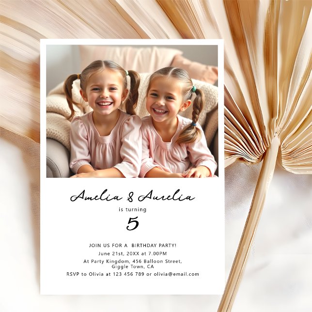 Twins Girls Minimalist Modern Birthday Party Photo Invitation (Creator Uploaded)