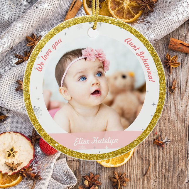 Twins Girls Photos Aunt Cute First Christmas Baby  Ceramic Tree Decoration (Modern Elegant Cute First Christmas Twin Baby Girls We love you Auntie 2 Photos Snowflakes Golden )