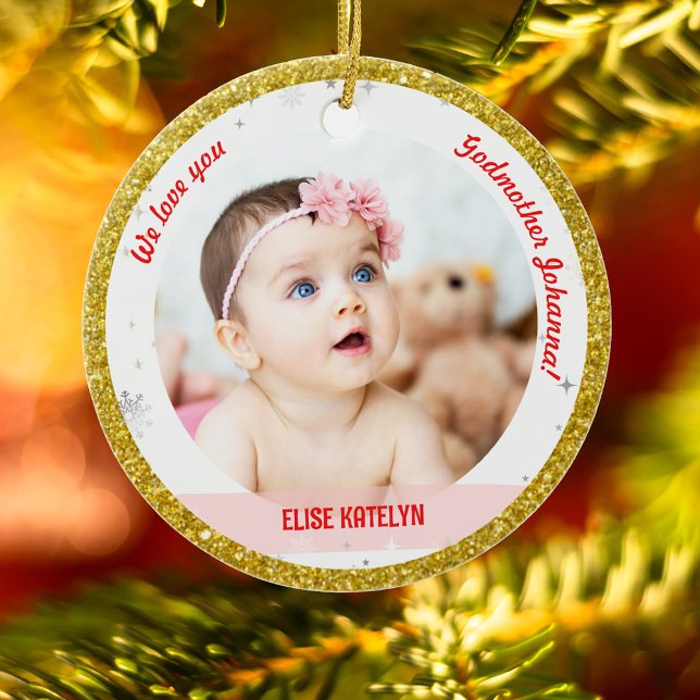 Twins Girls Photos Godmother First Christmas Baby  Ceramic Tree Decoration (Modern Elegant We love you, Godmother! First Christmas Twin Baby Girls 2 Photos Golden Faux Glitter)