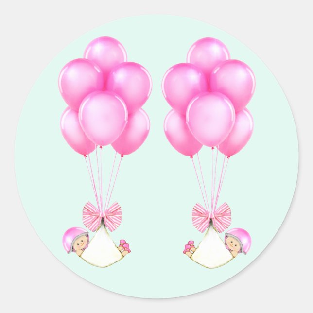 Twins Girls Pink Balloons Baby Shower Classic Round Sticker (Front)