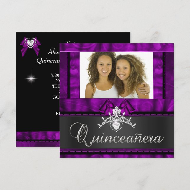 Twins Girls Purple Quinceanera 15th Birthday Invitation (Front/Back)