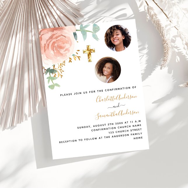 Twins girls rose floral photo luxury Confirmation Invitation (Creator Uploaded)