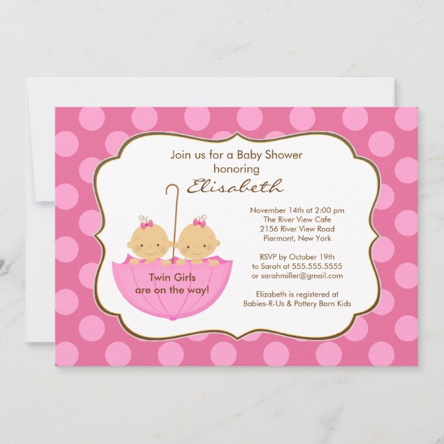 Twins Girls Umbrella Baby Shower Invitation Pink (Front)