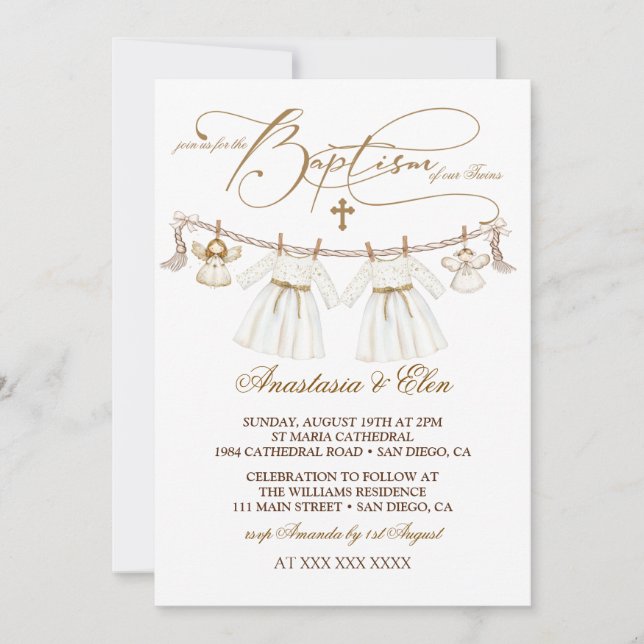 Twins Girls Vintage Boho Baptism Invitation (Front)