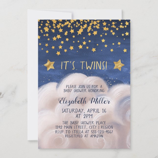 Twins Golden Stars Baby Shower Invitation (Front)