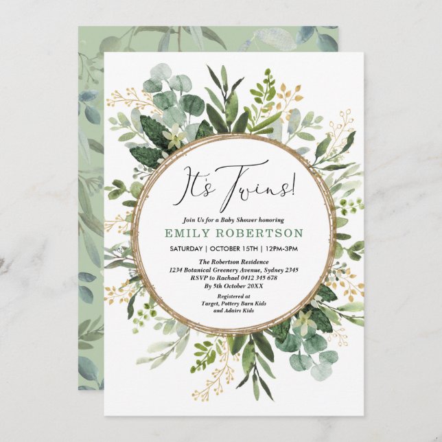 Twins Greenery Gold Garden Party Baby Shower Invitation (Front/Back)