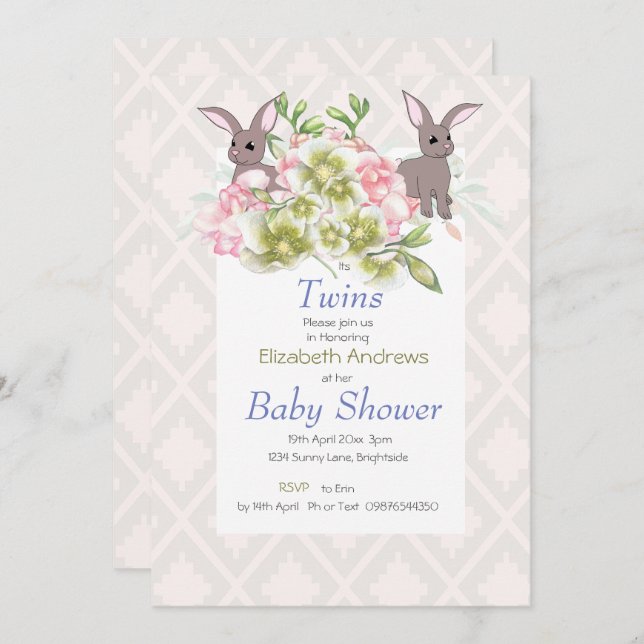 Twins Grey and Pink Floral Bunny Shower Invitation (Front/Back)