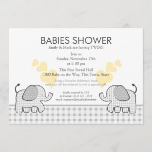 Twins Grey Gingham Baby Shower Invitation