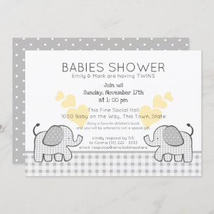 Twins Grey Gingham Baby Shower Invitation