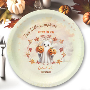 Twins Halloween Pumpkin Ghost Unisex Baby Shower Paper Plate