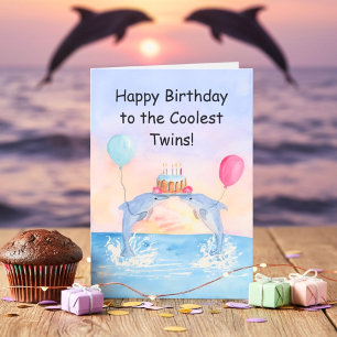 Twins Happy Birthday Dolphins with Birthday Cake Card